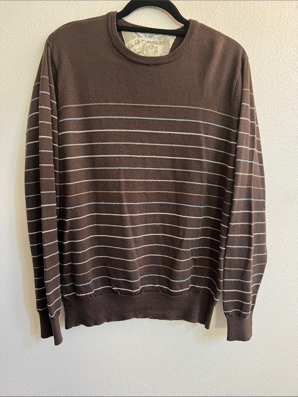 QUICKSILVER Vintage Wool Crewneck Sweater Brown/Multi Thin Knit Stripes Men's L